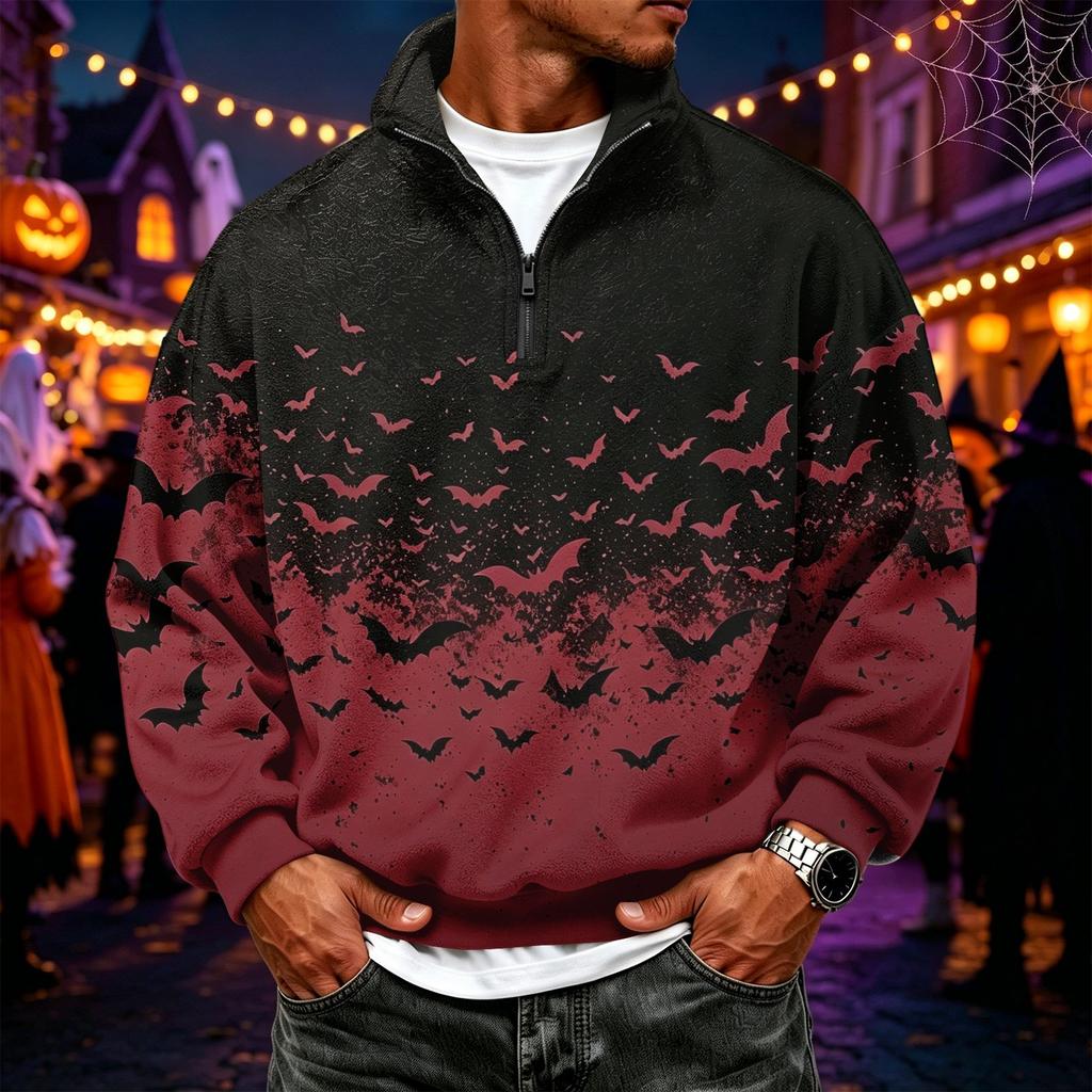 Men's Flannel 1/4 Zip Long Sleeve Sweatshirt with Halloween Print for Casual Wear