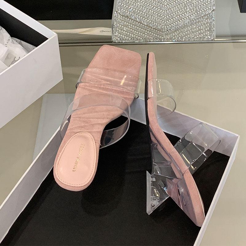 Fashion Fashion Transparent Heels Women Wedges Slippers Shoes Square Toe Ladies Heeled Sandals Slippers Shoes Female Slides Pumps