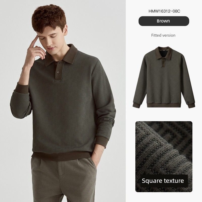 Men's Autumn New Style Color Block Jacquard Knit Sweater Casual Turn-Down Collar Base Shirt for Men