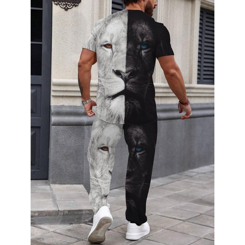 Men's personality clothing black and white Wolf head pattern two-piece set casual crew neck short-sleeved T-shirt and trousers