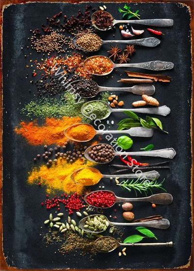 Kitchen Themed Wall Art Decor Colorful Spice and Spoon In Table Metal Tin Sign Food Cooking Ingredients Metal Art Print Decor