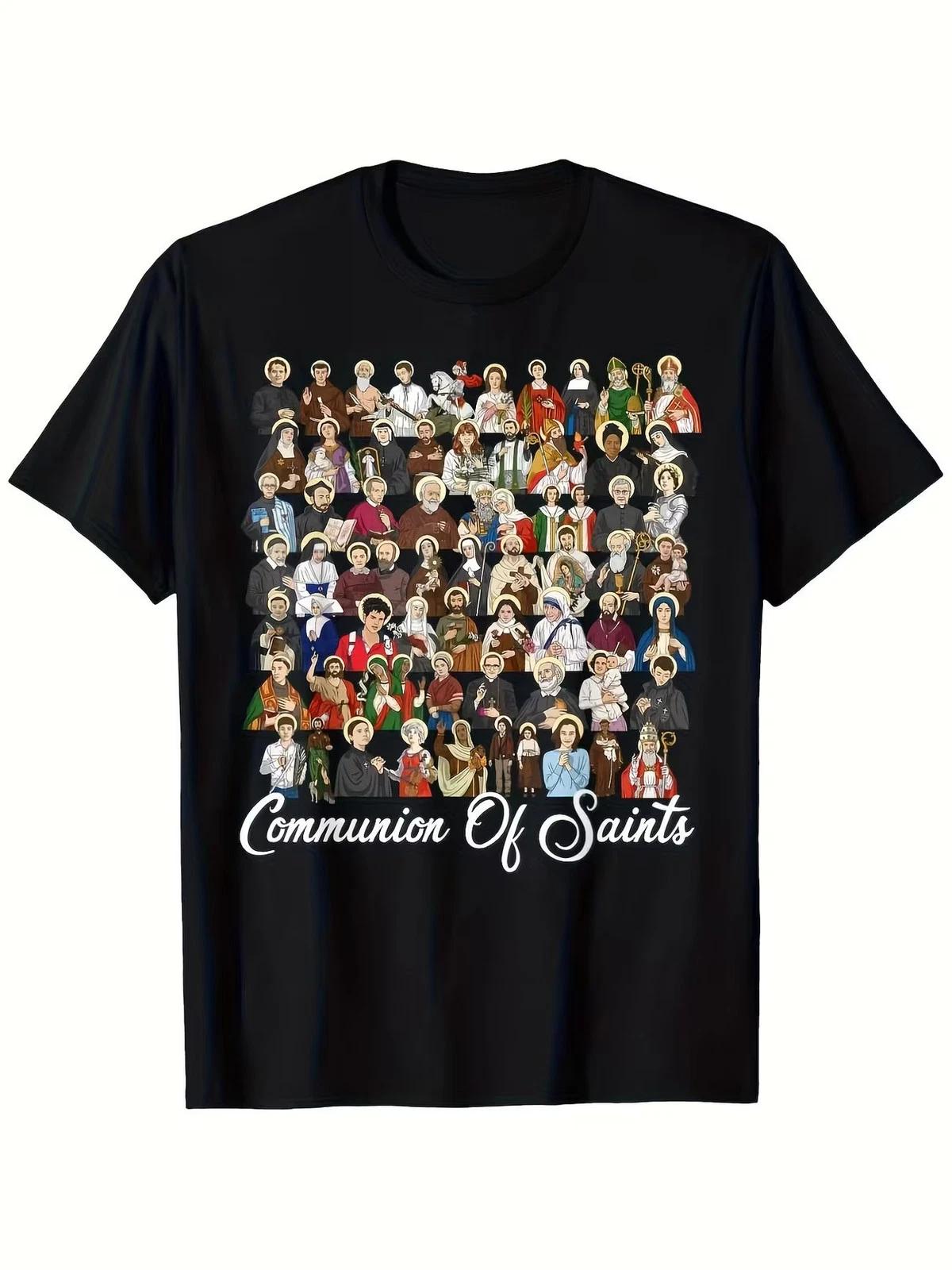Men s Catholic Patron Saints Latin Religious T-Shirt - Black with Colorful Saint S