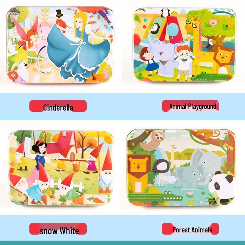 120-teiliges Holz-Cartoon-Puzzle in Blechdose für Kinder von 0-6 Jahren