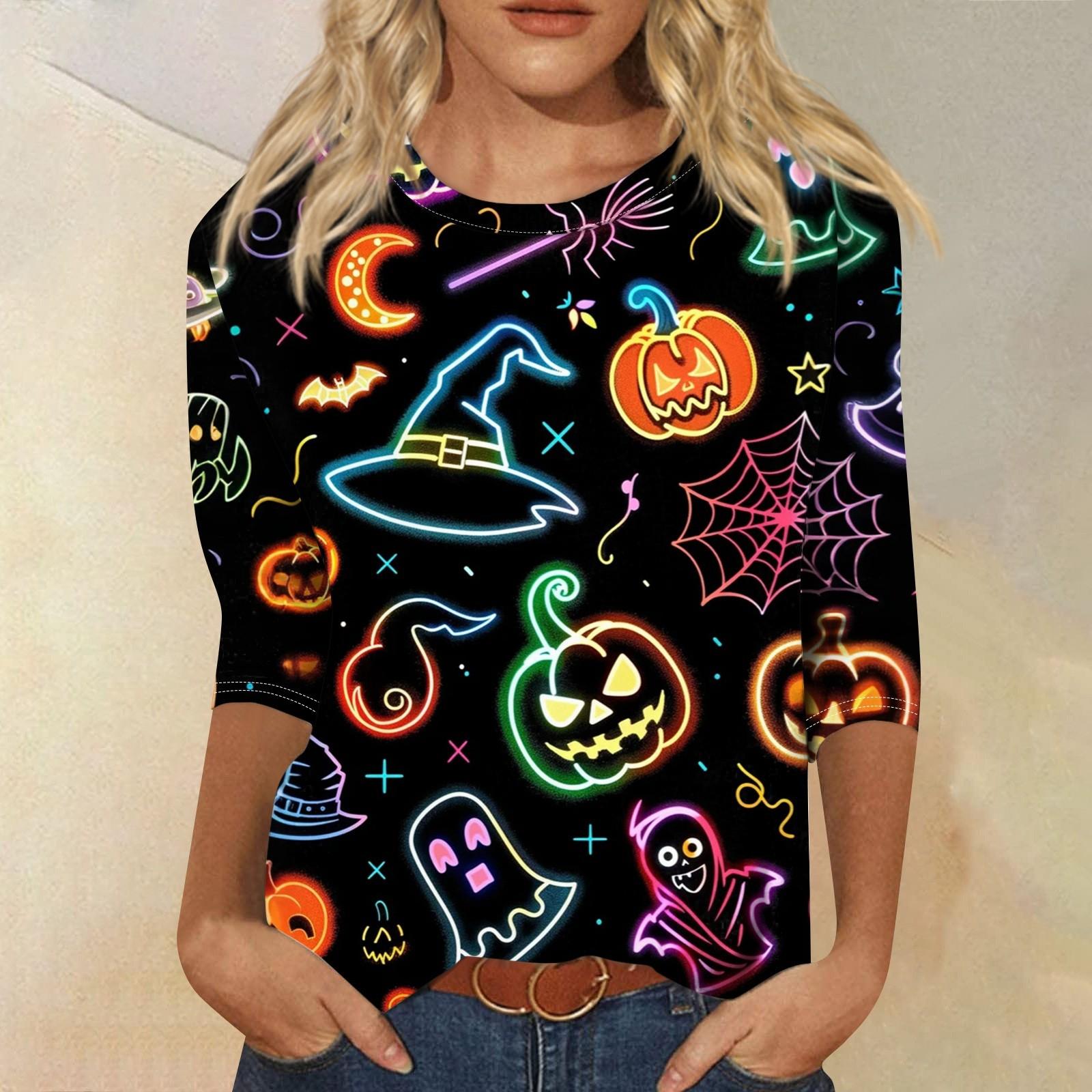 

Women s Fashion Casual Three-quarter Sleeve Halloween Printed Round Neck Top L чорний