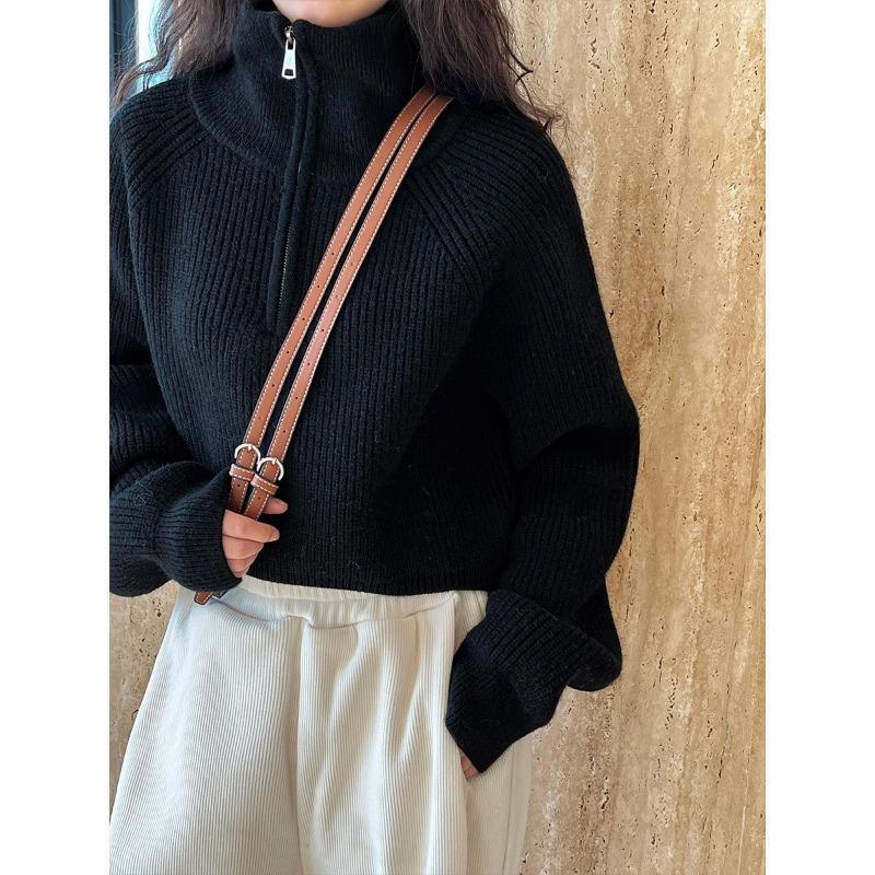 Autumn Winter Half High Collar Zipper Pullover Sweater Women Solid Color Casual All-match Knitting Top