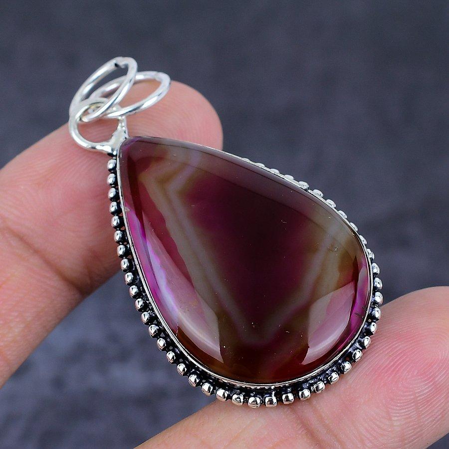 Natural Pink Lace Agate Gemstone 925 Sterling Silver Jewelry Pendant 2.25" A8z93