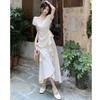 Vestido corto blanco de manga corta con cordones en V para mujer, nuevo de verano, estilo suave, con volantes en el borde de hoja, cintura y falda fina irregular