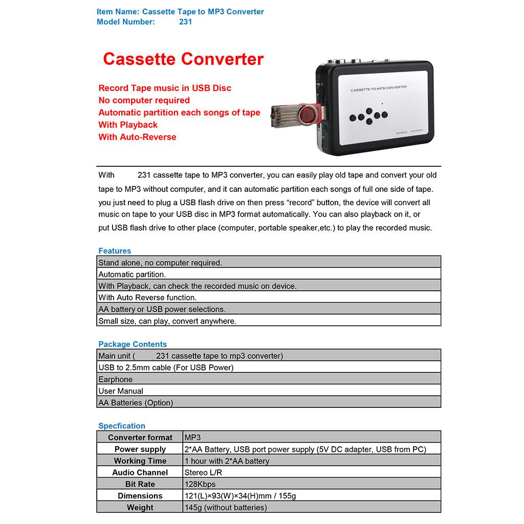 USB Cassette Capture Cassette Player Converts Tape To MP3 USB Cassette Capture for Laptops and Personal Computers