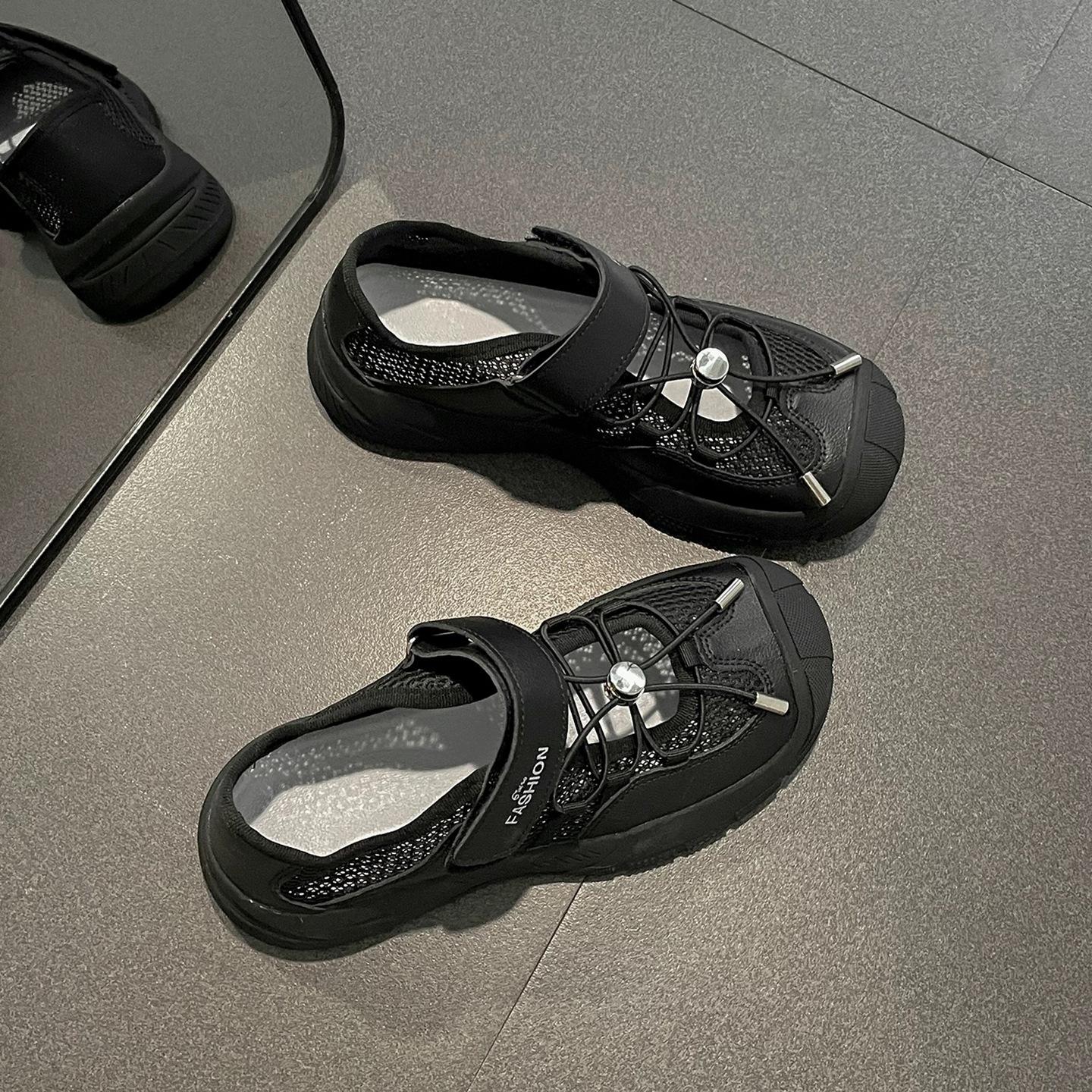 

Sheepskin version! Korean version of thick-soled bag head sports sandals women s 2025 summer new thick-soled hollow breathable hiking shoes 40 чёрный