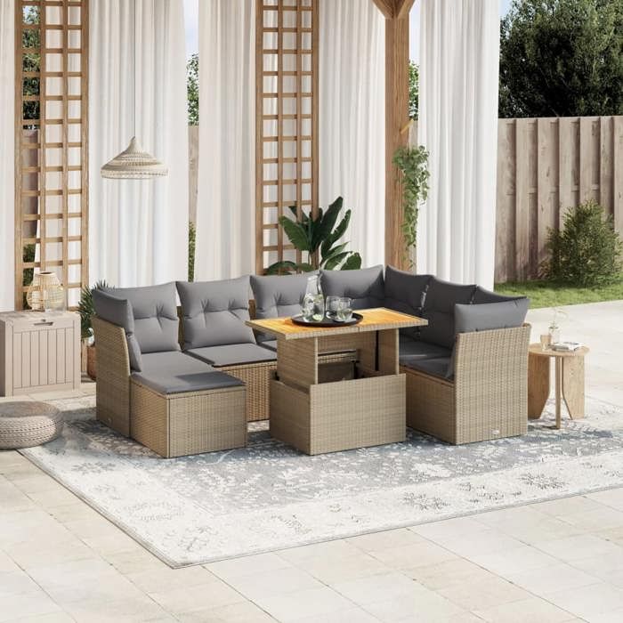 VidaXL Salon de Jardin avec Coussins 8 pcs, Canapés de Terrasse, Ensemble de Meubles de Patio, Mobilier d'Extérieur, Beige 3275495