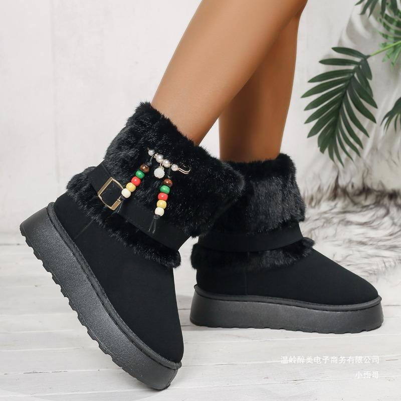 Winter Large Size Beaded Wool Thickened Cotton Shoes Women's Cross-border Round Head Plush Thick-soled Warm Snow Boots