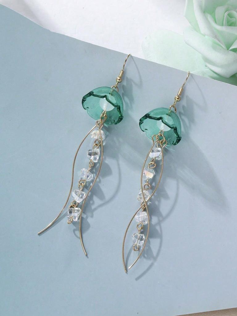 Women's Jellyfish Earrings - Geometric Tassels, Lightweight Dangle Earrings With Iridescent Jellyfish Pendant