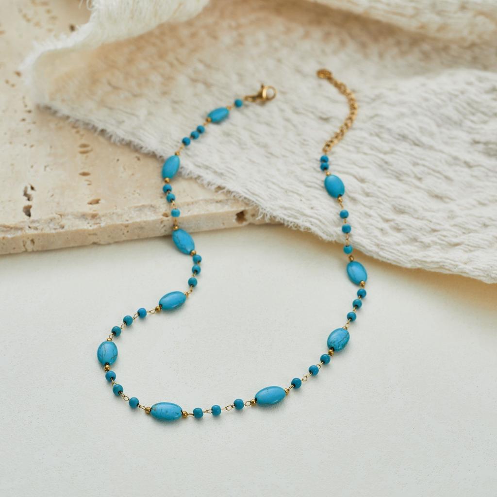 Stainless Steel Fresh Blue Beaded Necklace Women's Niche Design Sense Multi-layer Stacked Temperament Collarbone Chain
