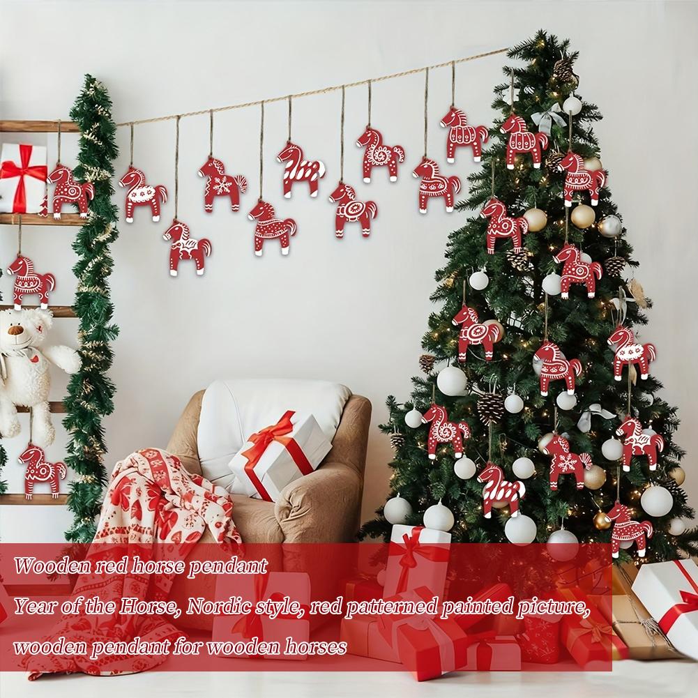 12/24Pcs Swedish Dala Horse Christmas Ornaments Xmas Horse New Year Decorations Christmas Tree Party Home Pendant DIY Ornam X4U6