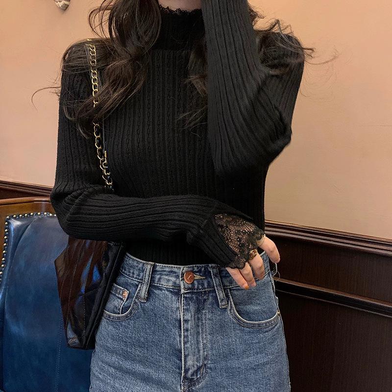 Spring Autumn Semi-turtleneck New Lace Pullover Long Sleeved Sweater Fashion Long Sleeve Women Knitted Bottoming Shirt Elegant Simple Slim Fit Top