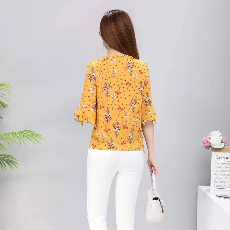 New Half Sleeve Blouse for Women's Clothing Floral Chiffon Shirt Bow Ruffled Pullovers Top S-5XL