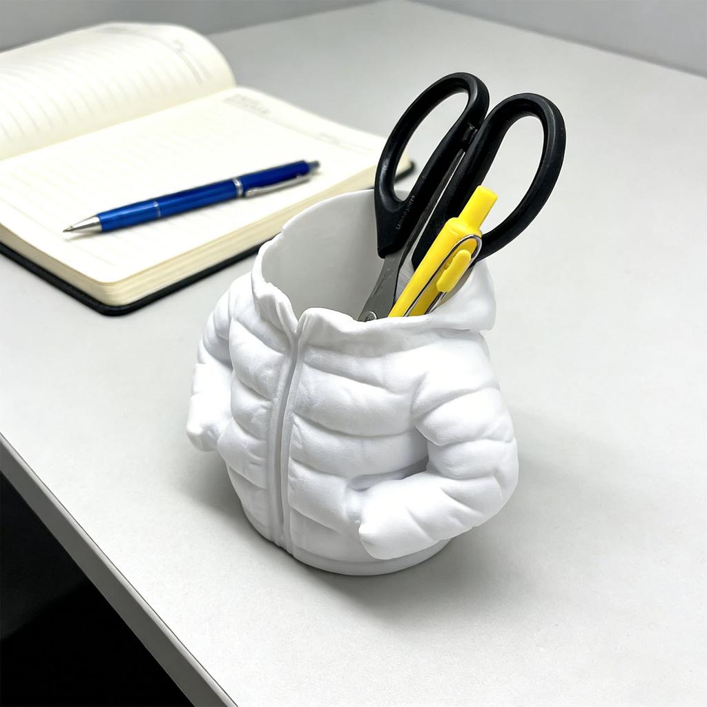 10x14x10.5cm Portable Down Jacket Shape Plastic Pen Holder 3D Printed Pen Case for Neat Office Desk Storage Decors