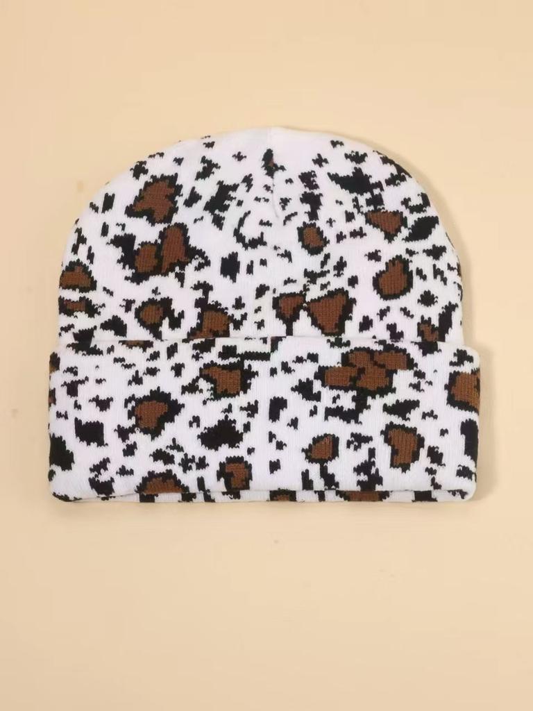 Knitted Hat Cold Printing Simple Hat Leopard Print Winter Hat Fashion Outdoor Autumn and Winter White and Brown Pattern Average Size