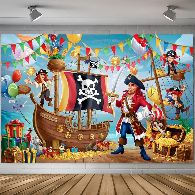2D Colorful Pirate Adventure Birthday Party Banner with Bunting Flags 47.2x31.5inch/120*80cm