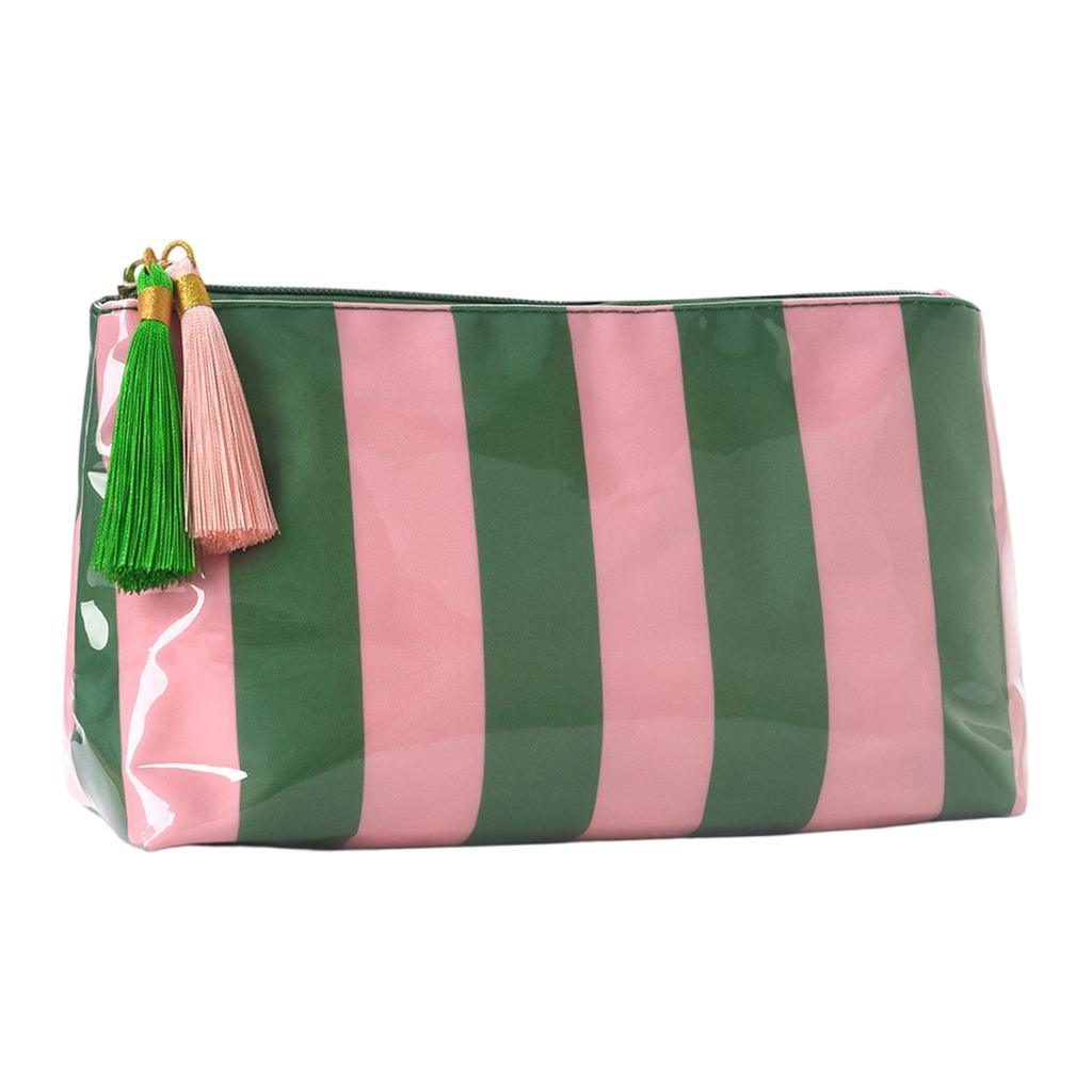 PVC Striped Cosmetic Bag Tassel Zipper Makeup Storage Pouch Waterproof Travel Toiletry Organizer Bag