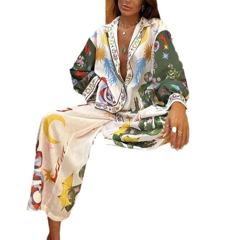 Women's Clothing Autumn and Winter New Temperament Fashion Loose Casual Printed Shirt Wide Leg Pants Suit Women