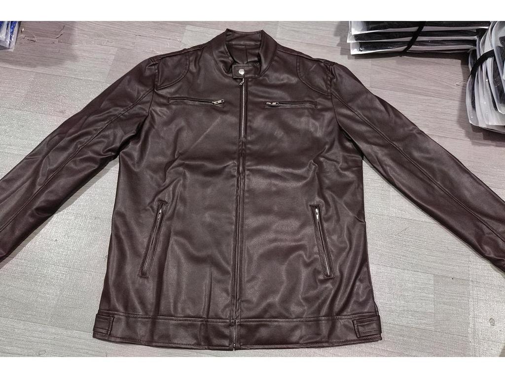 European & American Style Men's Stand-up Collar Leather Motorcycle Jacket with Logo