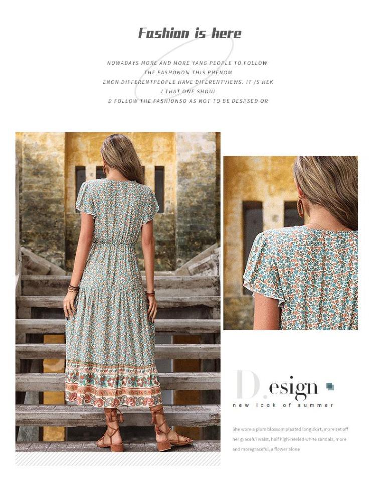 Women Retro Slim Fit Long Print Dress European American Style Summer Green