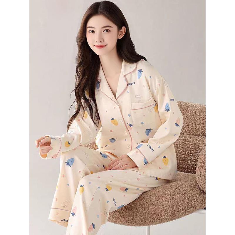 

Women s Long Sleeve Fleece Pajamas Set - Korean Style Casual Lapel Homewear for Autumn and Winter Extra Large