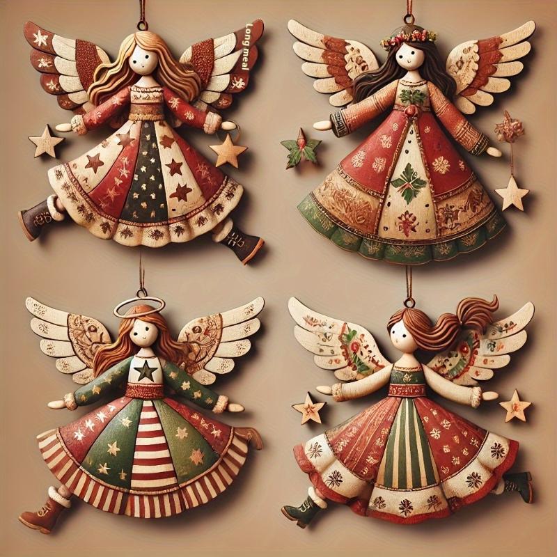 

4Pcs Handmade Wooden Angel Christmas Ornaments- Multi-Color Festive Decor For Tree, Home & Offic Christmas Pendant A