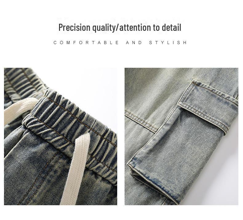 LKTM Men's Japanese Retro Multi-Pocket Workwear Jeans - Loose Straight Wide-Leg Pants