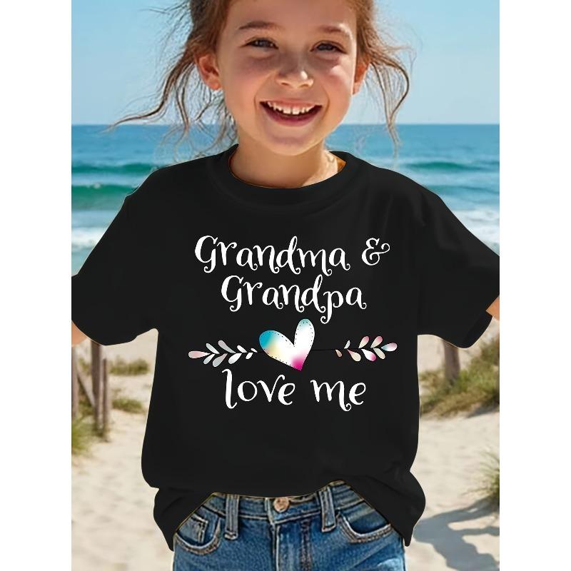 European sizes Summer Fashion Short-Sleeve Top for Girls with 'Grandma And Grandpa Love Me' Letter Print, Casual Style