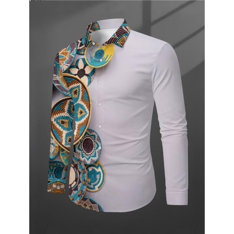 New Red Background Black Herringbone Baroque Print Men's Long Sleeved Shirt, Light Luxury Casual Formal Shirt