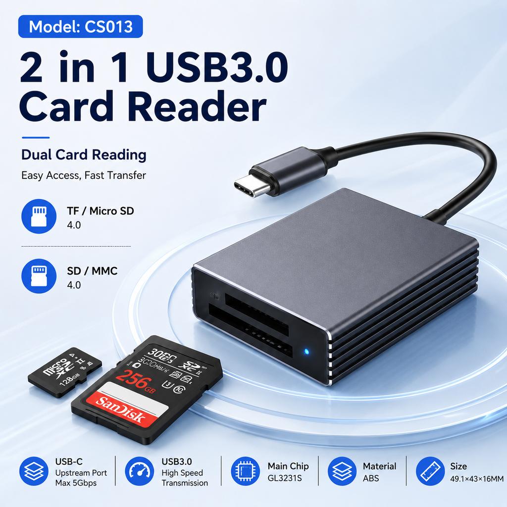 USB-C 3.0 2-in-1 ABS Card Reader, 5Gbps SD 4.0/TF Micro SD 4.0 USH II Reader Up To 312MB/s