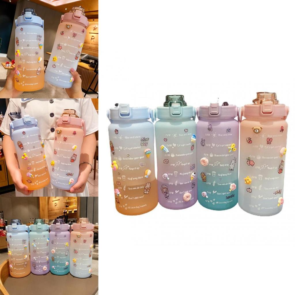 2000ml Large Capacity Drinking Bottle Sports Mug With Straw And Stickers For Outdoor Use