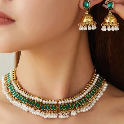 Antique Jewelry Set Ethnic Style Oil Drop Necklace Earring Clavicle Chain Wedding Accessories