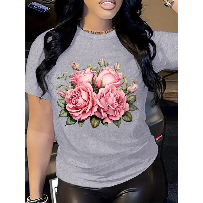 Women's Summer Personalized Rose 3D Printed Short Sleeved Round Neck Summer T-shirt