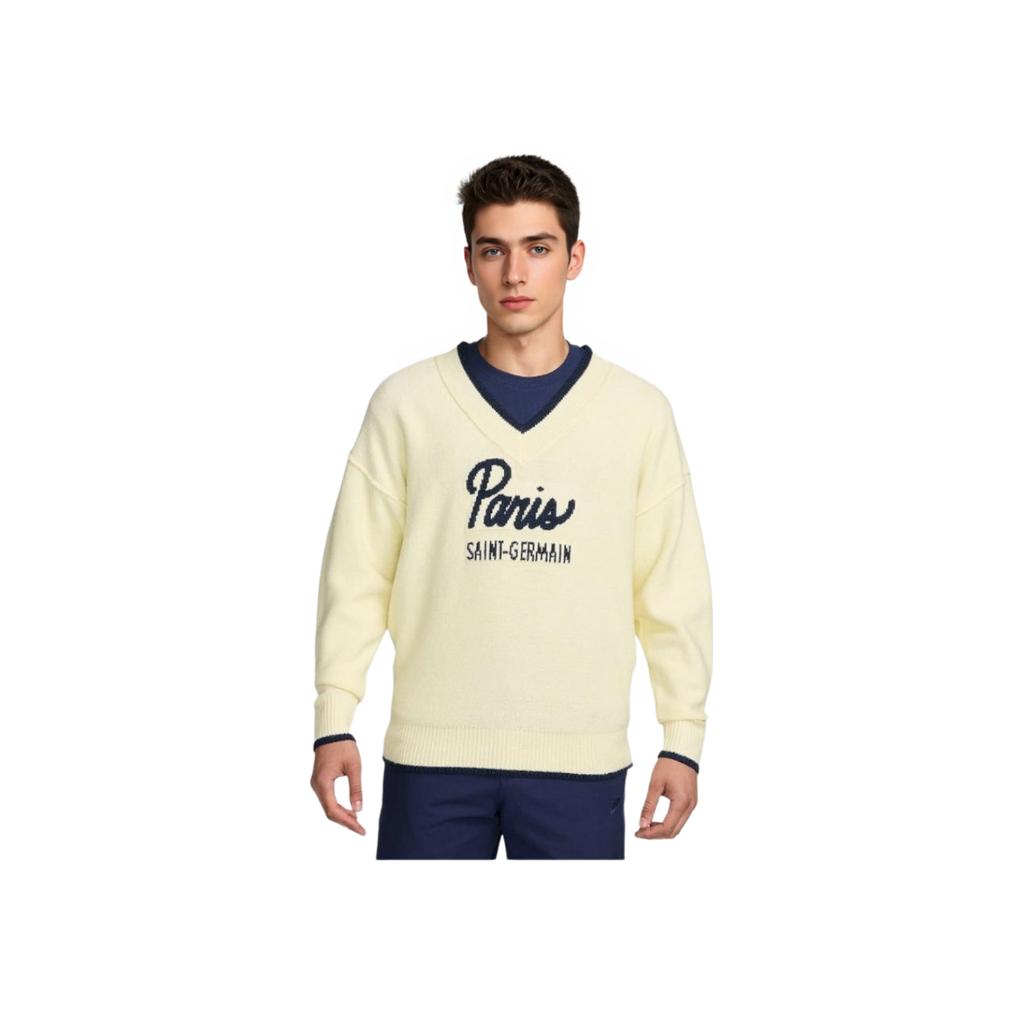 Nike Paris Saint-Germain Tech Pack Series Football Pullover V-Neck Long Sleeve Knit Top Men Tops Snow-White FQ7801-744