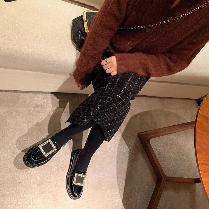 Cowhide Version~ Genuine Leather Thick-soled Women's Flash Diamond Square Buckle Lazy One-pedal Small Leather Shoes Women's Single Shoes