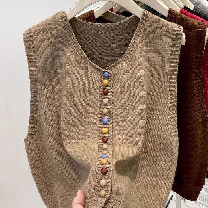 Women's Fashionable Rainbow Button Knitted Unique Layering Crew Neck Vest Loose Sweater Cardigan Top for Spring and Autumn