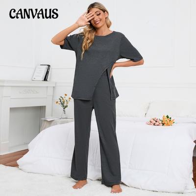 Pantaloni in maglia con spacchi, tinta unita, scollo rotondo, taglie forti, abbigliamento casual da casa