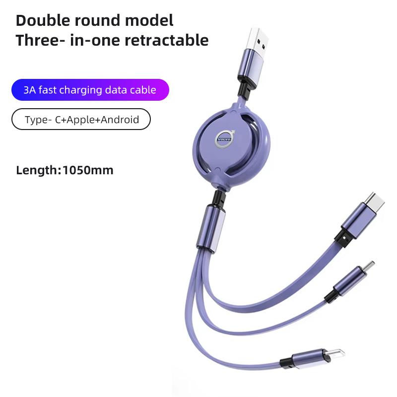 3 In 1 Fast Charger USB Data Cable Car Accessories For Volvo XC90 V90 V60 XC60 V40 S80 S60 S90 C40 XC40 V70 XC70 C30 C70 EX90 Rd