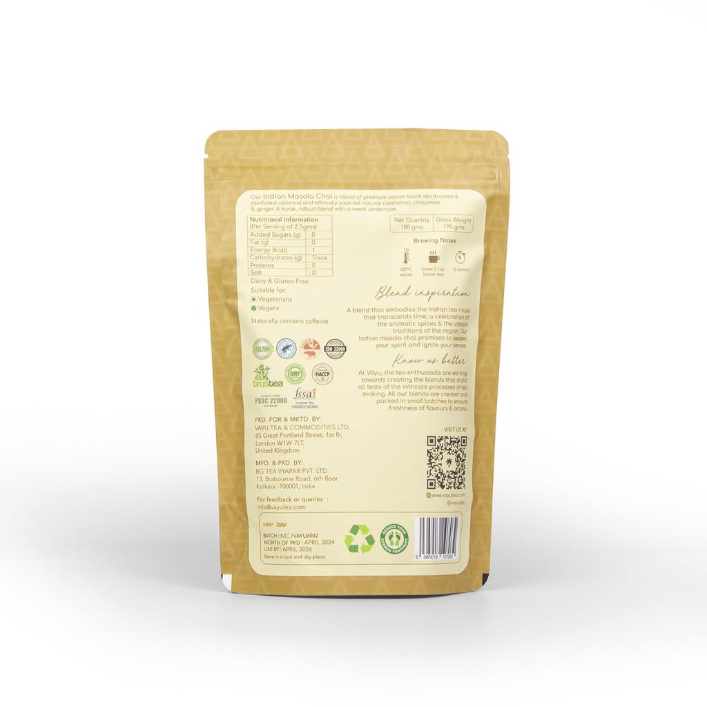Vayu Indian Masala Chai - 180 gm Loose Tea - Premium Assam black tea with 100% Natural Indian Spices - Ginger, Cinnamon, Cardamom - Kadak & rich bl