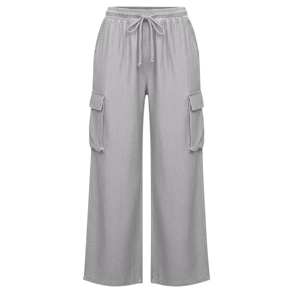 Damen Elastische Hose mit Hohem Bund Lässige Passform Weites Bein Lange Hose Hose mit Taschen
