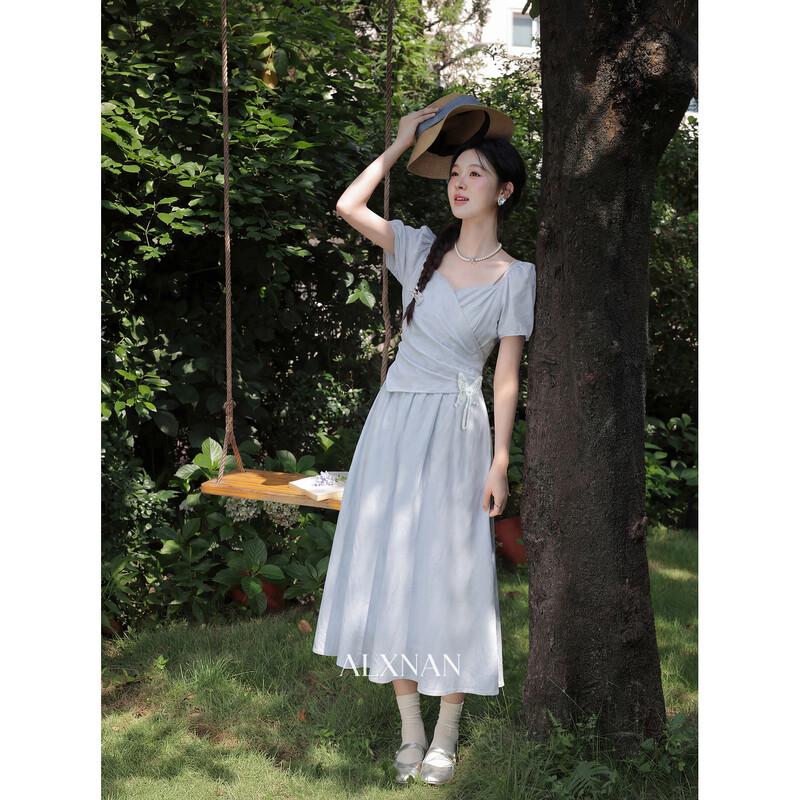 French Style Blue A-Line Summer Maxi Dress