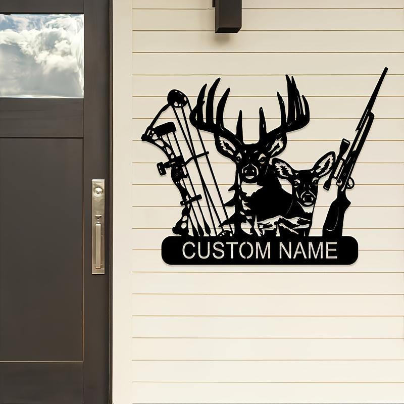 Customizable Hunting Metal Sign - Personalized Deer, Rifle & Bow Design - Heavy-Duty Outdoor/Indoor Decoration - Custom Name