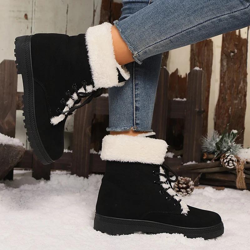 Vinter Dame Støvler Plattform Varm Pels Casual Utendørssko Mote Plysj Ankelstøvletter Høy Kvalitet Snørestøvler Pluss Størrelse 35-44