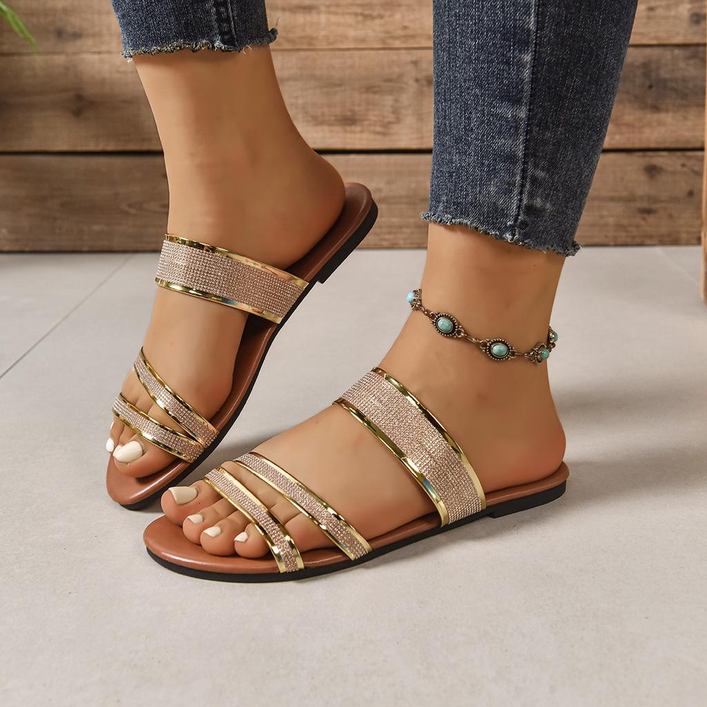 Summer Women Slippers Beach Casual Slippers Patent Leather Flat Heel Sandals Sparkle Bling Rhinestone Shoes Slides Women