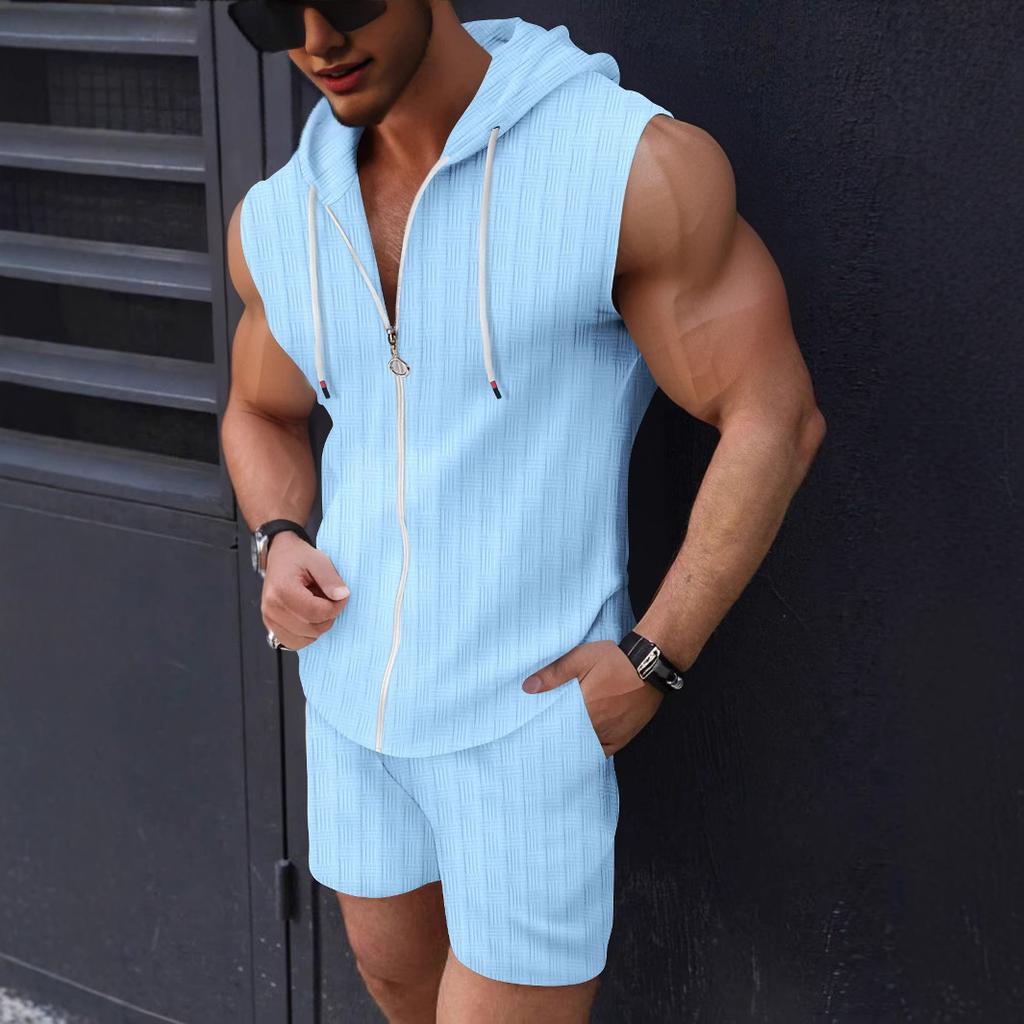 Men's Summer Hooded Two-Piece Set, Zip-Up T-Shirt Vest and Plaid Shorts Casual Outfit, Sleeveless Sportswear Tracksuit