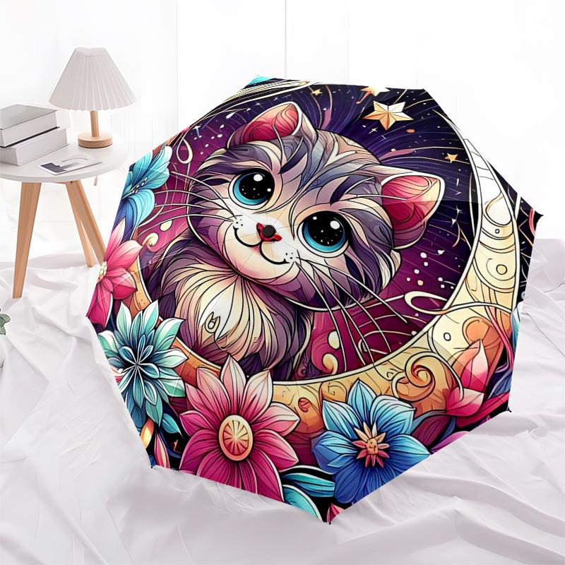 1pc Starry Night Cat Floral Auto Open Close Umbrella - Portable 3-Fold Design with Iron Frame, Perfect for Outdoor, Festive Gifts, Travelers, Daily Us