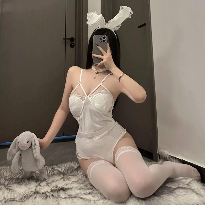 Pure lust babes sexy deep low cut bunny uniform cosplay lingerie velvet suspender onesie